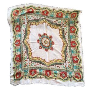 Vintage bohemian paisley handkerchief large boho cream red medallion ethnic frin